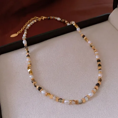 Vintage Freshwater Pearl Beaded Necklace With Agate Stone And Copper Beads Elegant Maillard Style Jewelry For Women