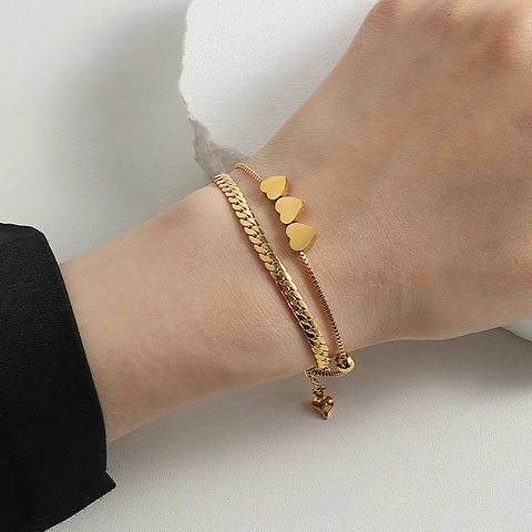 Bracciale a Strati in Acciaio Inossidabile Minimalista per Donna Catena a Serpente Placcata Oro Con Ciondoli a Cuore Gioielli Moda