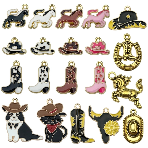 Ciondoli Cowboy Western Lega Di Zinco Smalto Cappello Stivale Cavallo Teschio Di Toro Per Creazione Gioielli DIY Accessori