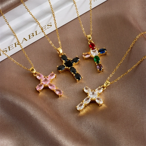 Elegante Collana Con Ciondolo a Croce in Acciaio Inossidabile Placcato Oro Gioielli Religiosi Minimalisti Con Strass Regalo Donna