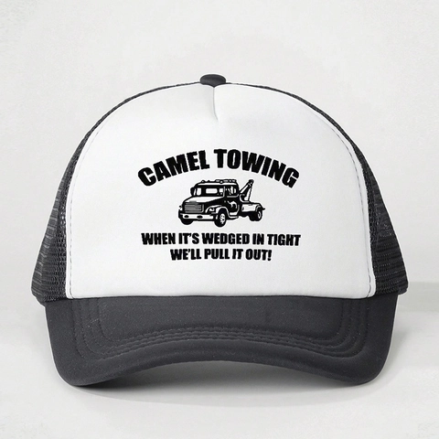Camel Towing Trucker Hat Grappige Letterprint Polyester Mesh Ademend Zonbescherming Verstelbaar Gebogen Rand Outdoor Pet