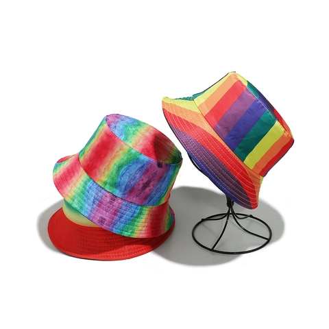 Rainbow Striped Bucket Hat Polyester Sun Protection Summer Outdoor Beach Party Colorful Tie Dye Fisherman Sun Cap For Men Women