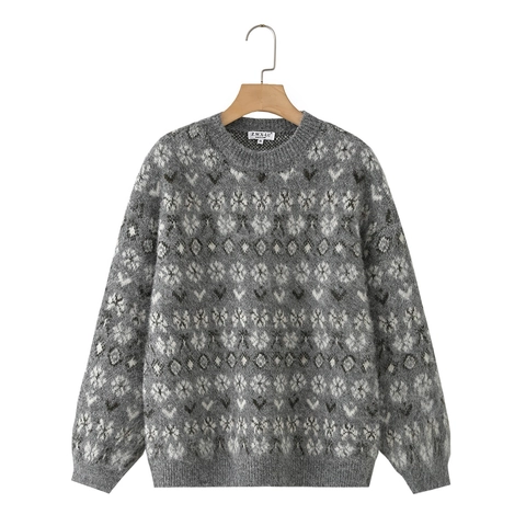 Women Fair Isle Jacquard Sweater Loose Long Sleeve Round Neck Mohair Style Knitwear Grey Snowflake