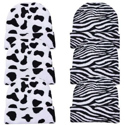 Cow Zebra Animal Print Knit Beanie Hat Warm Thickened Winter Cuffed Skull Cap For Adult Men Women