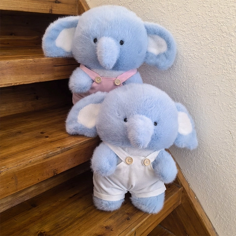 Schattige Olifant Knuffel Zacht Knuffeldier Lang Haar Met Corduroy Overall Houten Knopen Voor Baby Kinderen Blauw