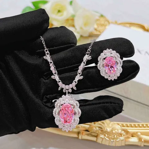 Luxury Pink Rhinestone Copper Jewelry Collection For Women Vintage Palace Style Oval Halo Necklace Earrings Open Ring Bracelet Accessory