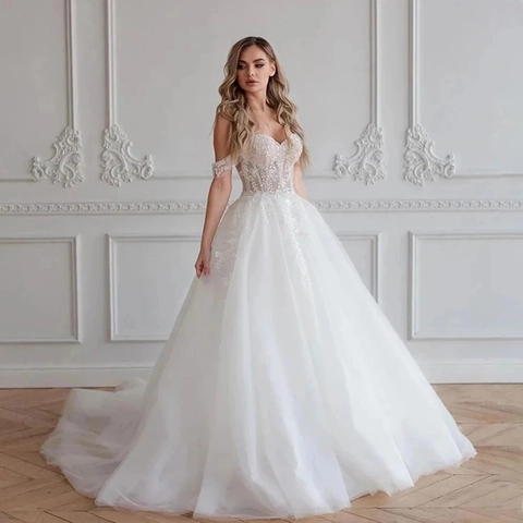Wedding Dress Off The Shoulder Lace Sequin Bridal Gown Long Trailing Tail Puffy Sleeve Elegant White For Women
