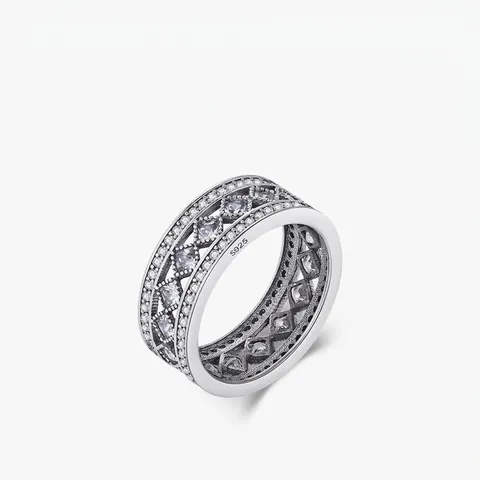 Anello A Fascia Larga Con Rombo Cavo Argento Sterling 925 Zirconia Cubica Geometrico Pavé Per Donna