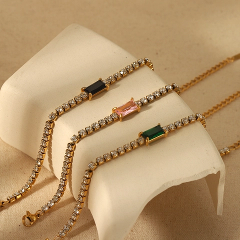 Stainless Steel Tennis Bracelet 18K Gold Plated Waterproof With Rectangular Zircon Geometric Elegant Women Jewelry