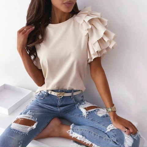 Women T-Shirt Elegant Ruffle Short Sleeve Round Neck Cotton Solid Color Fashion Casual Pullover Top