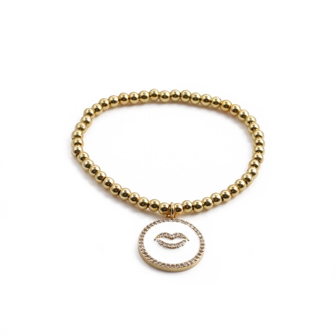 Mode Vergulde Koperen Kraal Armband Witte Emaille Lip Hanger Met Strass Stretch Sieraden Voor Vrouwen