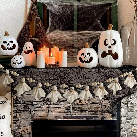 Ghirlanda Perle Legno Halloween Fantasma Pipistrello Feltro Banner Appeso Decorazione Casa Per Camino Parete Festa