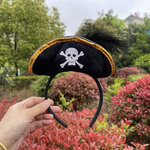 Cerchietto Con Cappello Da Pirata Dei Caraibi Per Festa Cosplay Di Halloween Mini Copricapo Da Capitano Con Bordo Dorato Motivo Teschio E Piuma
