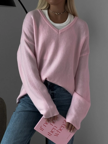 Women V Neck Knit Sweater Long Sleeve Cotton Polyester Blend Loose Fit Casual Pullover Soft Lightweight