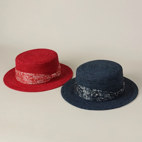Cappello Boater Donna Paglia Di Rafia Intrecciato A Mano Decorazione Nastro Paisley Protezione Solare Spiaggia