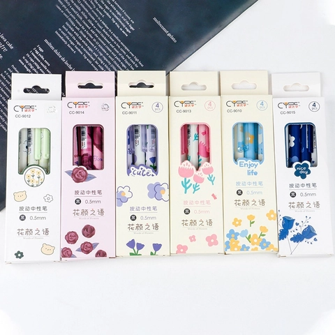 Retractable Gel Pens Floral Pattern Plastic Shell Black Ink Smooth Writing Office School Stationery Flower Style