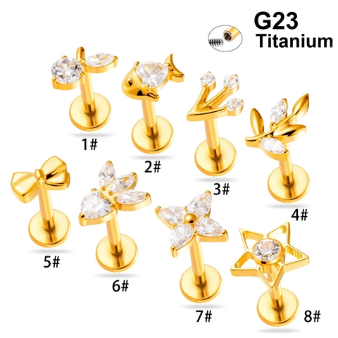 G23 Titanium Internally Threaded Labret Studs Zircon Inlaid Fish Bow Flower Heart Ear Cartilage Piercing Jewelry For Women
