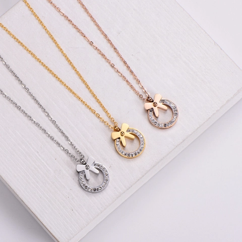 Collana Con Pendente A Cerchio Con Fiocco Acciaio Inossidabile 316L Zircone Incastonato Gioielli Eleganti Stile Coreano Donna