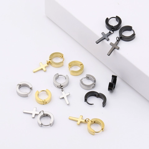 Stainless Steel Cross Pendant And Plain Hoop Earrings Punk Gothic Hip Hop Unisex Jewelry Non Fading