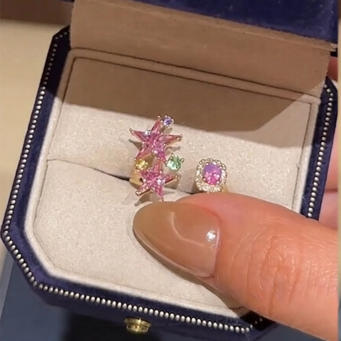 Adjustable Star Ring Gold Plated Copper Colorful Zircon Pink Star Oval Stone Sweet Temperament Jewelry For Women