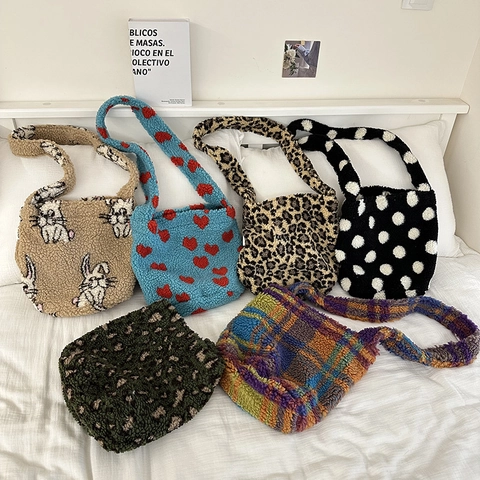 Damen Plüsch Umhängetasche Lammwolle Große Kapazität Tote Winter Warm Koreanischer Stil Gemusterte Handtasche