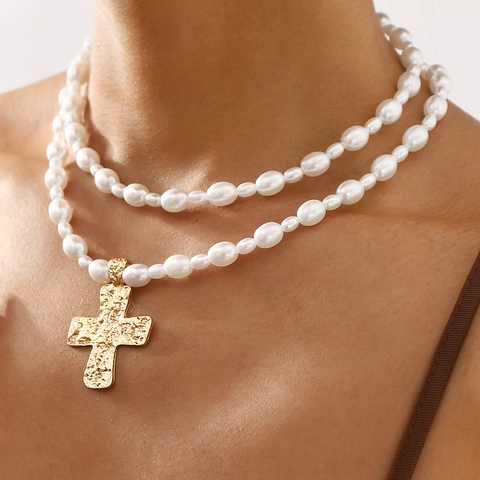 French Retro Double Layer Faux Artificial Pearl Necklace With Hammered Texture Alloy Cross Pendant Bohemian Style Jewelry For Women