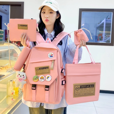 Nylon School Backpack Tote Shoulder Bag Pencil Case Drawstring Bag Campus Student Girls Preppy Style With Bear Pendant
