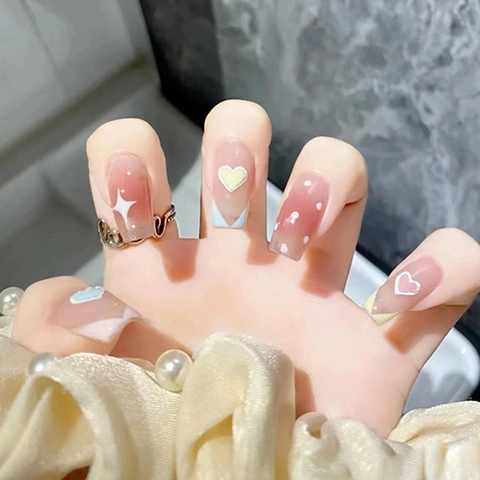 Uñas Postizas A Presión Degradado Color Hielo Patrón Corazón Estilo Francés Mediano Largo Puntas De Uñas Con Pegamento