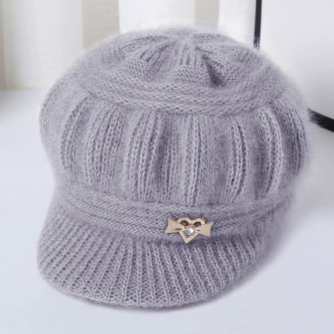 Women Knitted Newsboy Cap Winter Warm Fleece Lined Thickened Visor Hat For Middle Aged Elderly Women Rhinestone Butterfly