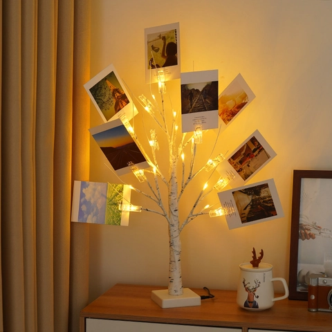 LED Birch Tree Light With Photo Clips Warm White Light USB Battery Powered Adjustable Branches For Desktop Holiday Decor