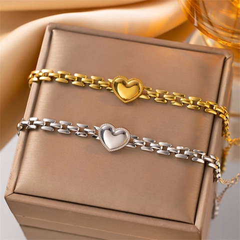 Stainless Steel Heart Pendant Bracelet Geometric Thick Chain Adjustable Link Jewelry For Women Girls Gift