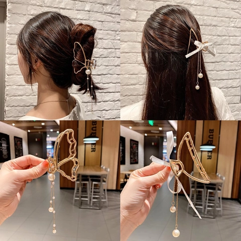 Mesh Bow Hair Claw Clip Elegant Alloy Metal Hair Accessory With Artificial Pearl Tassel Pendant For Women