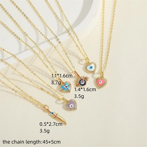 Evil Eye Anhänger Halskette Kupfer Emaille Zirkon Herz Feder Sonnenform Vintage Bohemian Schmuck Für Damen