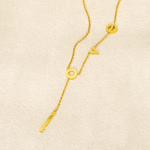 Stainless Steel LOVE Letter Y-Shaped Lariat Necklace PVD 18K Gold Plated Minimalist French Style Long Bar Pendant Jewelry Women