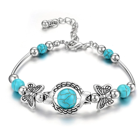 Vintage Boho Türkis Armband Legierung Perlen Armreif Mit Tieranhängern Schmetterling Schildkröte Böser Blick Für Damen