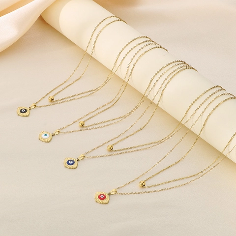 Double Layer Necklace Stainless Steel Evil Eye Pendant Enamel Round Bead Gold Plated INS Style Beach Jewelry For Women