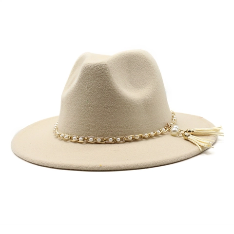 Fedora Hat Retro Wide Brim Flat Top Cotton Polyester Felt Jazz Cap With Golden Chain Artificial Pearl And Tassels For Men Women