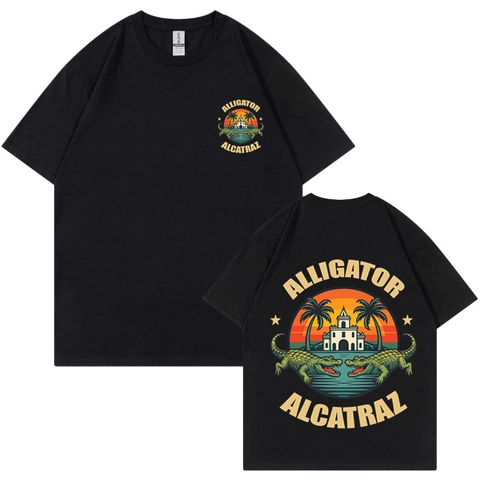 Men Cotton Short Sleeve T-Shirt Vintage Alligator Alcatraz Graphic Print Retro Crew Neck Casual Loose Streetwear Tee