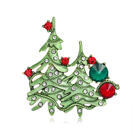 Festive Christmas Tree Brooch Enamel Rhinestone Shiny Alloy Holiday Pin Accessory For Women Green Double Trees Jewelry