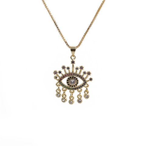Evil Eye Anhänger Halskette Kupfer Vergoldet Mit Bunten Zirkonia Modeschmuck Damen