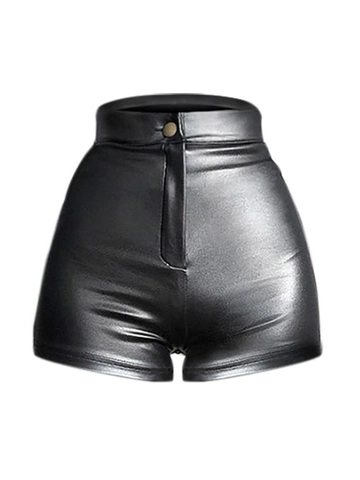 Damen High Waist PU Leder Shorts Sexy Eng Mini Booty Hot Pants Mit Metallknopf Einfarbig