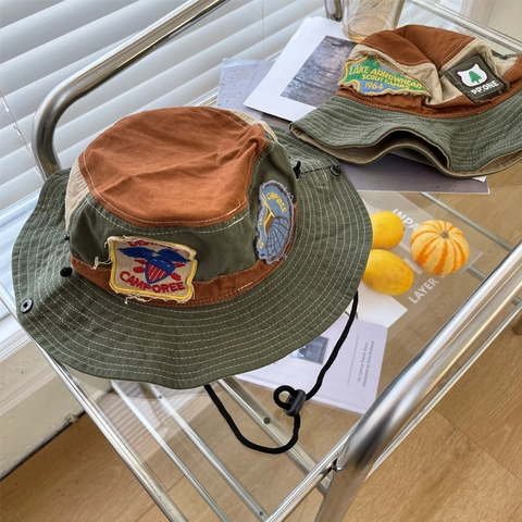 American Vintage Color Block Canvas Bucket Hat Embroidery Patch Outdoor Hiking Fishing Sun Hat With Windproof Rope