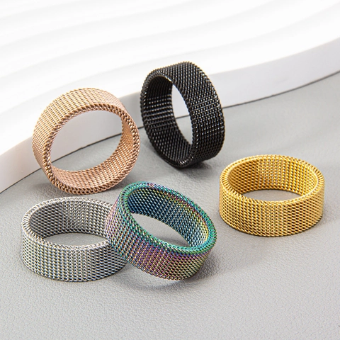 Anillo De Malla Tejida Acero De Titanio Chapado Al Vacío No Se Desvanece Textura De Rejilla Industrial Joyería Minimalista Unisex