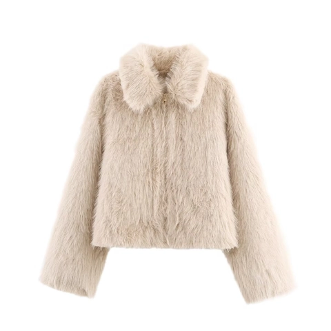 Women Faux Fur Jacket Shaggy Plush Coat Zipper Lapel Solid Color Casual Winter Short Outerwear