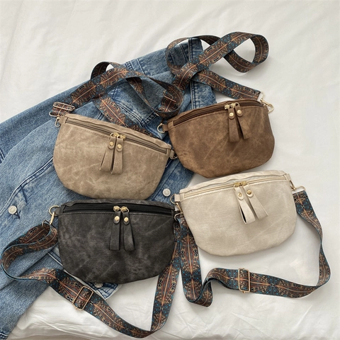 Retro Women PU Leather Chest Bag With Ethnic Embroidered Wide Strap Fashion Casual Waist Bag Crossbody Travel Phone Pouch