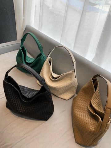 Woven Tote Bag PU Leather Large Capacity Hobo Handbag Vintage Elegant Soft Shoulder Bag For Women Daily Casual