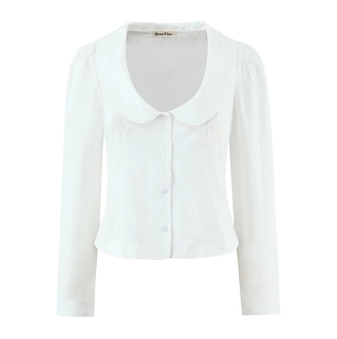 Women White Peter Pan Collar Blouse Long Sleeve Button Up Solid Color Sweet Style Pleated Shirt