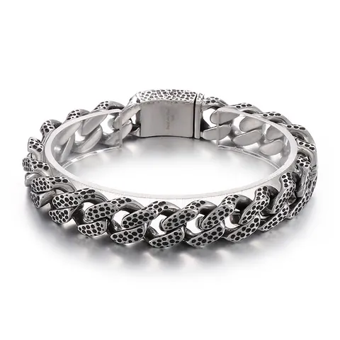Men Cuban Link Bracelet 316L Stainless Steel Hammered Pitted Texture Heavy Industrial Punk Style Vintage Retro Silver Color