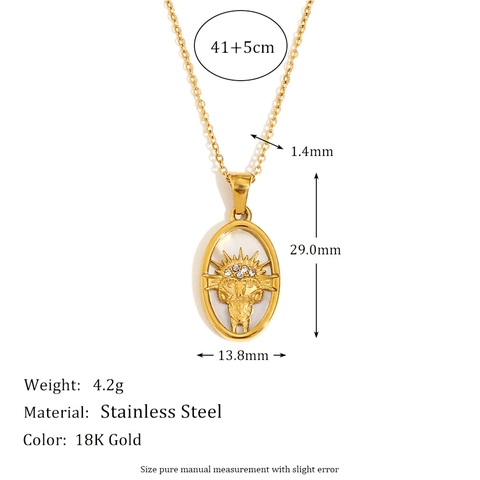 Collana Dodici Segni Zodiacali Acciaio Inossidabile Placcato Oro 18K Intarsio Madreperla Pendente Ovale Donna