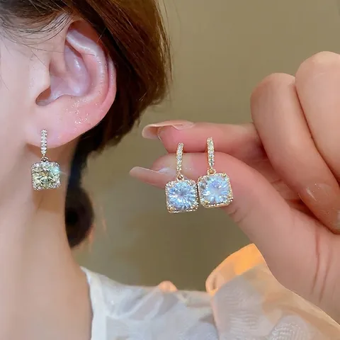 Square Zircon Drop Earrings 18k Gold Plated Copper Elegant Jewelry With 925 Sterling Silver Earring Post For Women